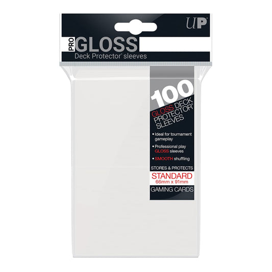 A 100-count pack of Ultra Pro clear deck protectors for TCG cards.