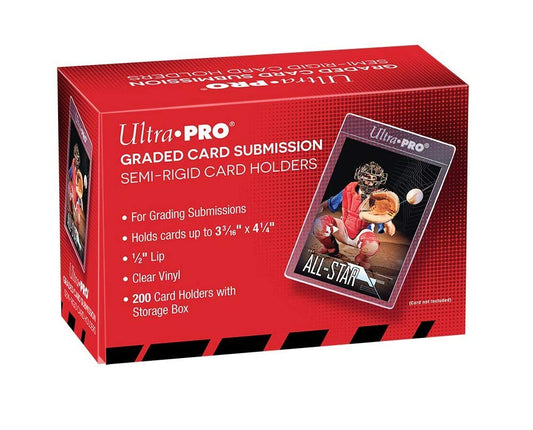 A box of 200 Ultra Pro semi-rigid holders for card grading submissions.