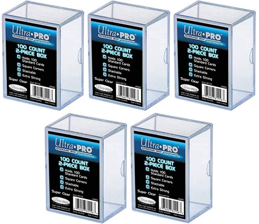 A pack of 5 Ultra Pro 100-count two-piece card storage boxes.