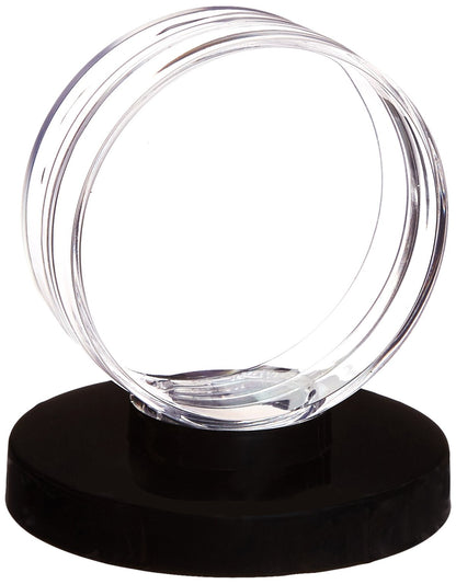 An Ultra Pro hockey puck holder with a sleek black base.