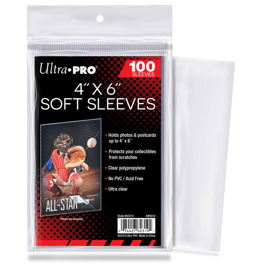A 100-pack of Ultra Pro 4x6 soft sleeves for photos and oversized cards.