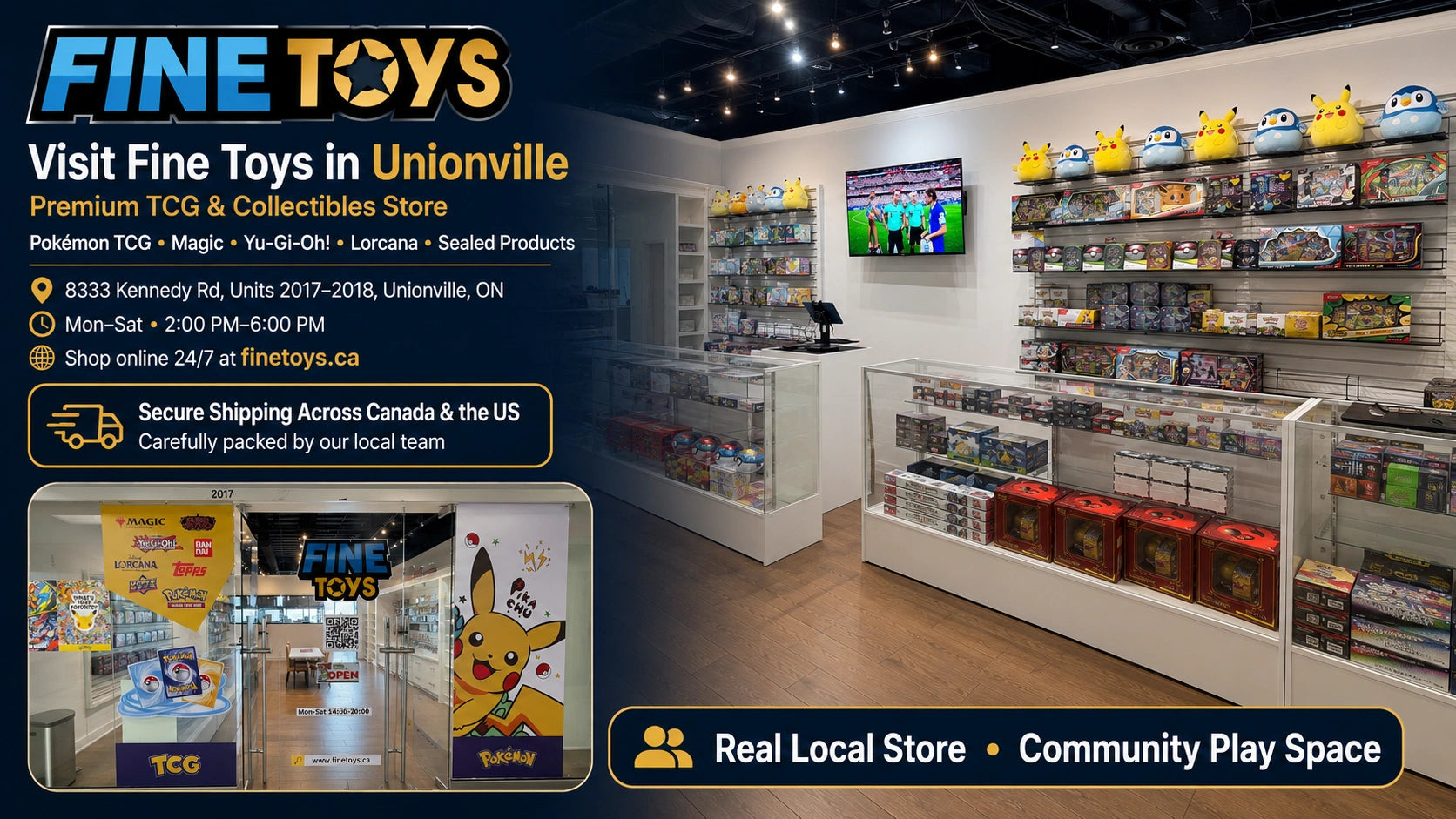 Promotional graphic for Fine Toys in Unionville, showing the interior of a toy store with shelves, display cases, and a TV, plus text about visiting the store and a small inset photo of the storefront.