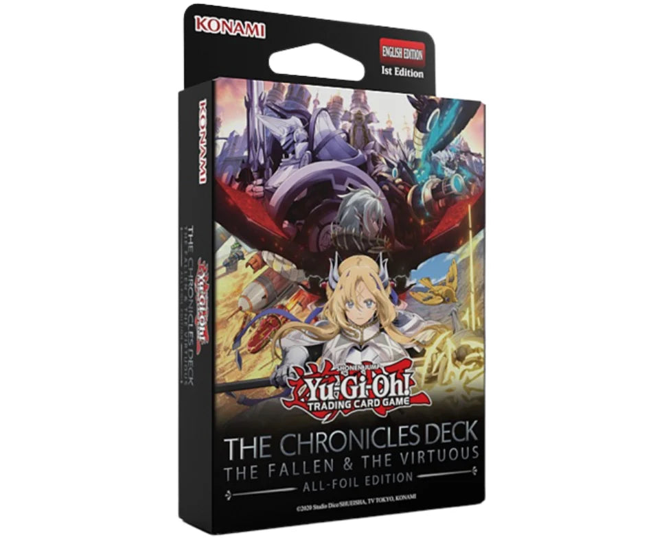 Yu-Gi-Oh! TCG The Chronicles Deck The Fallen and The Virtuous All-Foil Edition sealed packaging featuring Fallen of Albaz and Dogmatika Ecclesia the Virtuous
