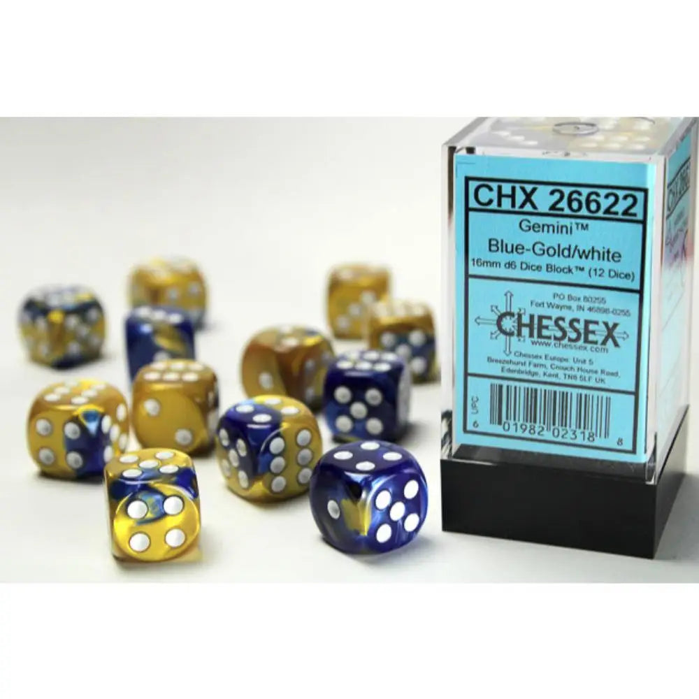  12-piece Gemini blue and gold swirl 16mm d6 dice block with crisp white pips arranged in standard 3x4 cube layout.
