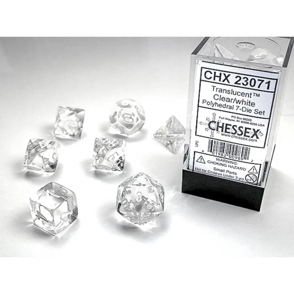 Complete 7-piece translucent clear polyhedral dice set with crisp white numbers arranged on a reflective gaming surface.