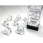 Complete 7-piece translucent clear polyhedral dice set with crisp white numbers arranged on a reflective gaming surface.
