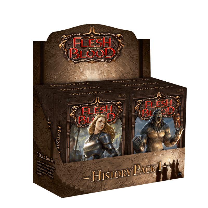 Flesh and Blood History Pack 1 Blitz Deck Display with six ready-to-play hero decks