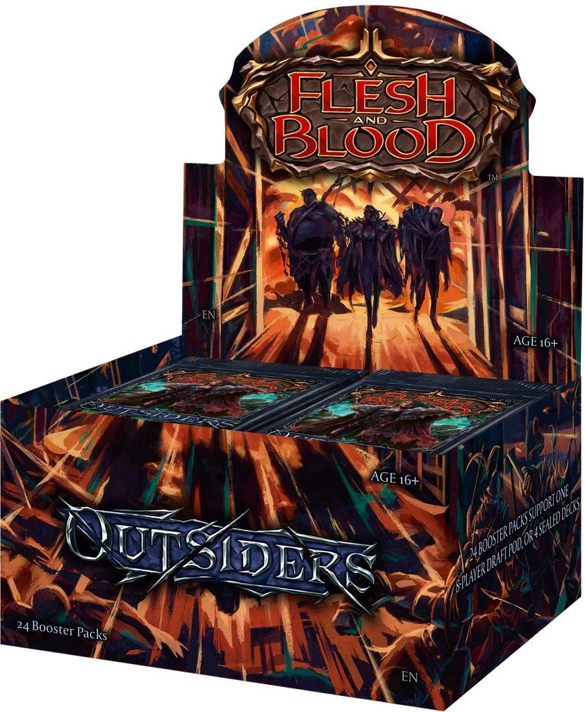 Sealed French edition Flesh and Blood Outsiders booster box display showing authentic Legend Story Studios wrap