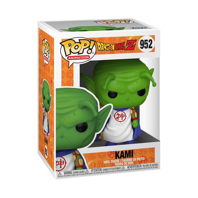 Funko Pop! Animation number 952 Kami from Dragon Ball Z, featuring the green Namekian Guardian of Earth wearing his white robe with the God kanji and holding his wooden staff.