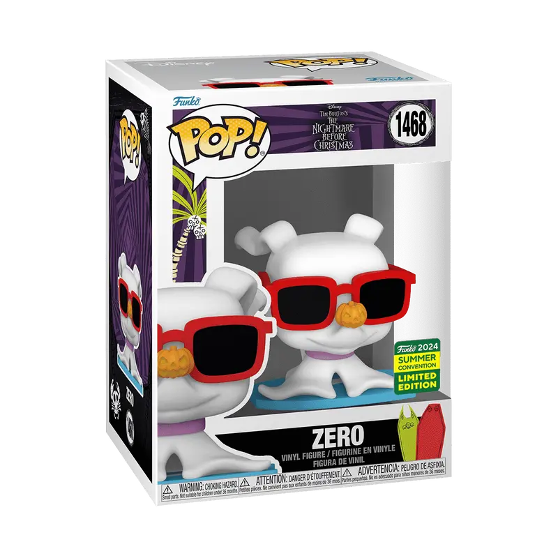 Funko Pop! Disney number 1468 Zero from The Nightmare Before Christmas, featuring the ghost dog wearing beach sunglasses and the 2024 Summer Convention Limited Edition sticker on the window box.