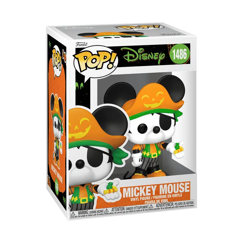 Funko Pop! Disney number 1486 Mickey Mouse wearing a festive orange Halloween pumpkin hat, ready for trick-or-treating.