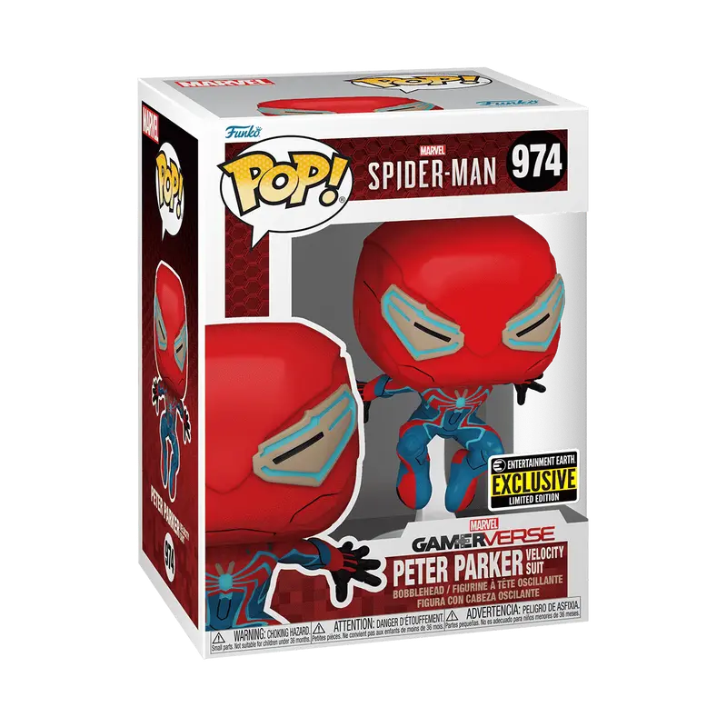 Funko Pop! Marvel number 974 Peter Parker in his high-tech Velocity Suit from the Spider-Man 2 video game, featuring the silver Special Edition sticker on the window display box.