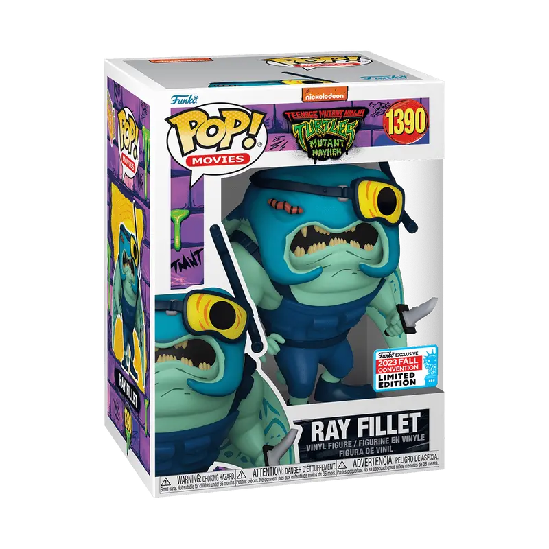 Funko Pop! Movies number 1390 Ray Fillet from Teenage Mutant Ninja Turtles Mutant Mayhem, featuring the mutated manta ray and the 2023 Fall Convention Exclusive sticker on the window display box.