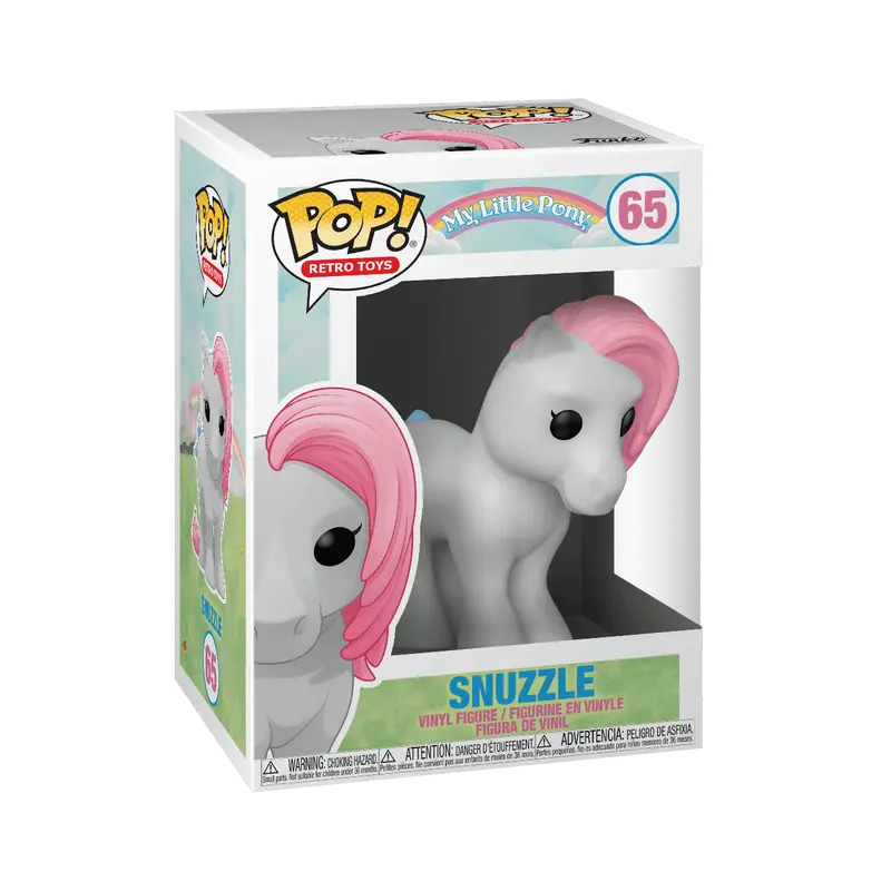 Funko Pop! Retro Toys number 65 Snuzzle from the classic 1980s My Little Pony line, featuring her iconic grey body, pink mane, and pink heart cutie marks.