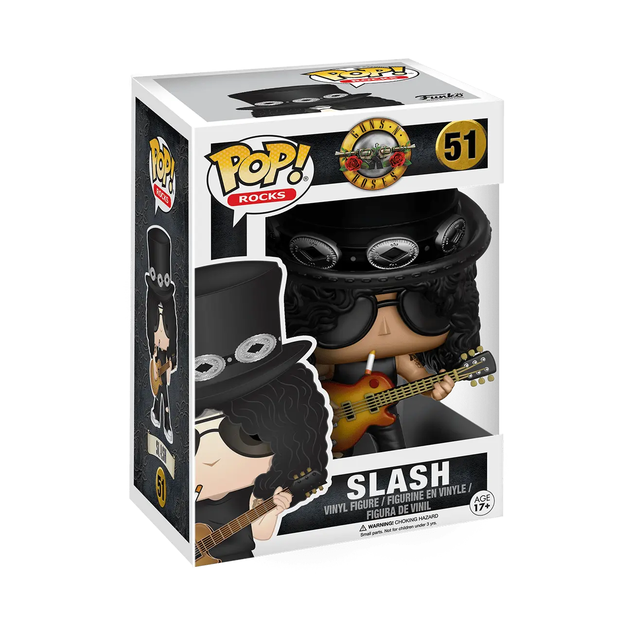 Funko Pop! Rocks number 51 figure of Slash from Guns N' Roses, wearing his signature black top hat and sunglasses while holding his guitar.
