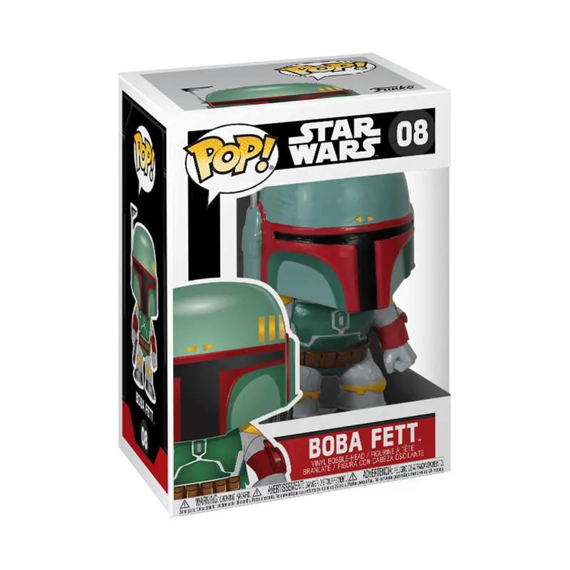 Funko Pop! Star Wars number 08 Boba Fett vinyl bobble-head, featuring the iconic bounty hunter in his classic green and brown Mandalorian armor.