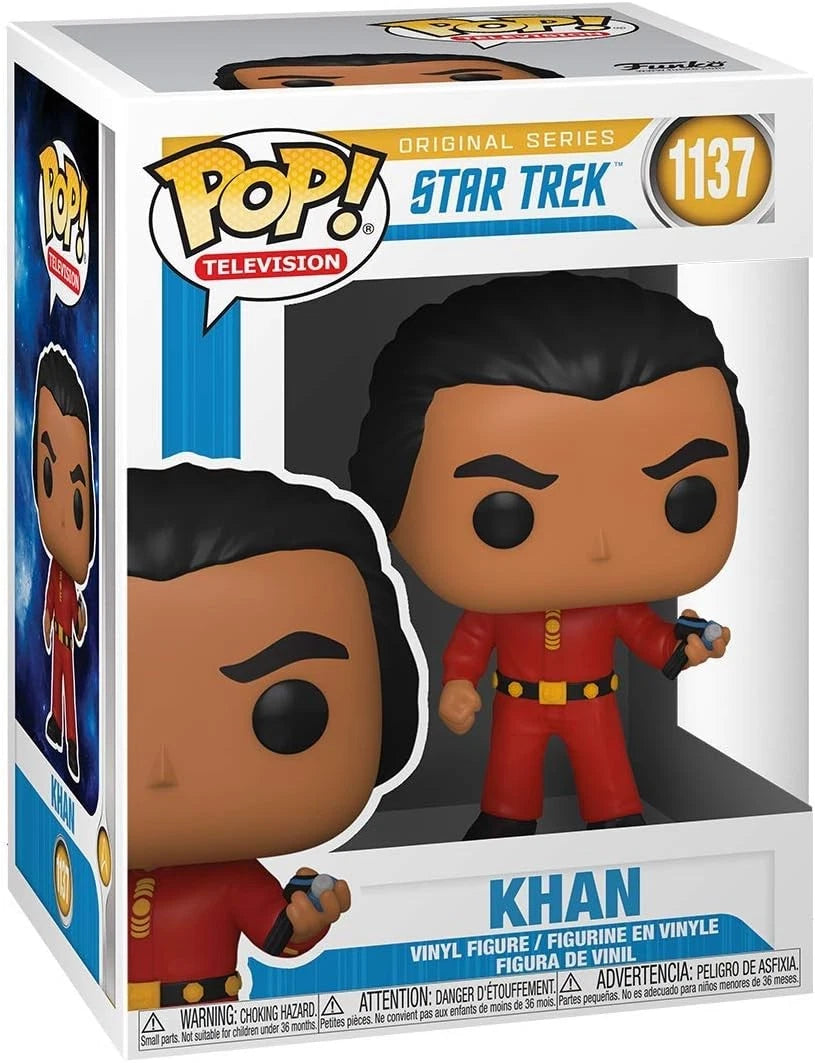 Funko Pop! Television number 1137 Khan Noonien Singh from Star Trek The Original Series, wearing his classic red tunic and gold sash.