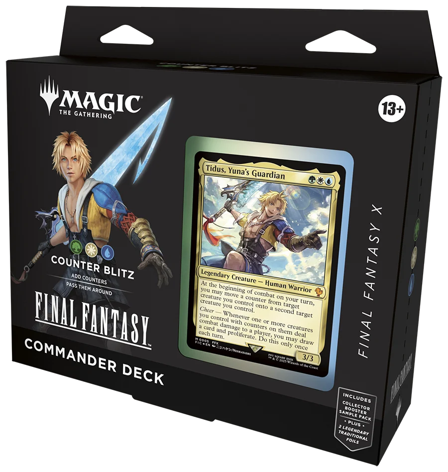 Magic: The Gathering Final Fantasy Counter Blitz Commander Deck box featuring Final Fantasy X characters and Blitzball-themed artwork.

