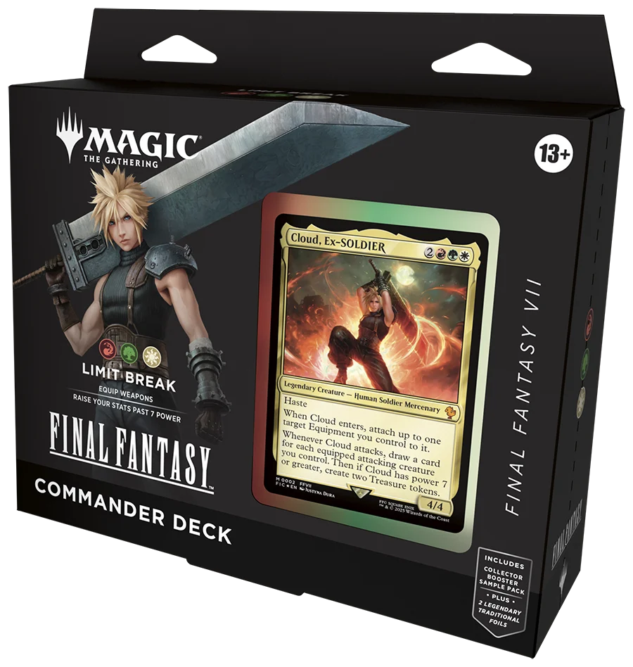 Magic: The Gathering Final Fantasy Limit Break Commander Deck box featuring Final Fantasy VII characters and iconic artwork.

