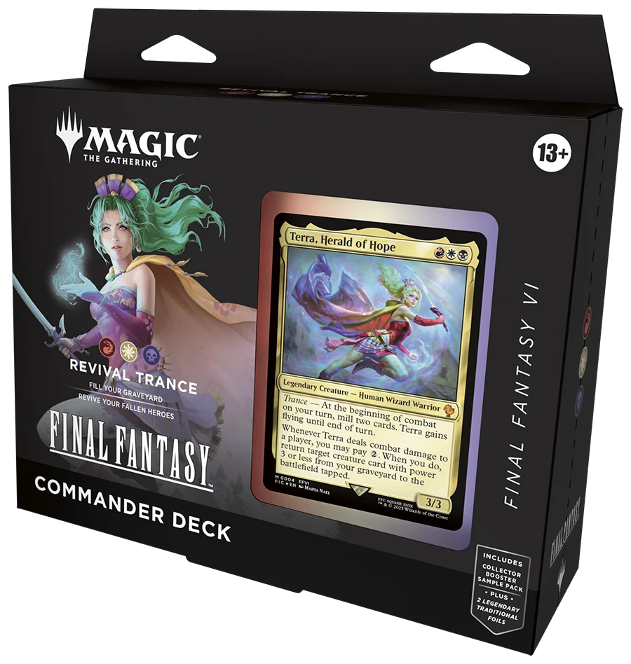 Magic: The Gathering Final Fantasy Revival Trance Commander Deck box featuring Final Fantasy VI characters and Magitek-inspired artwork.

