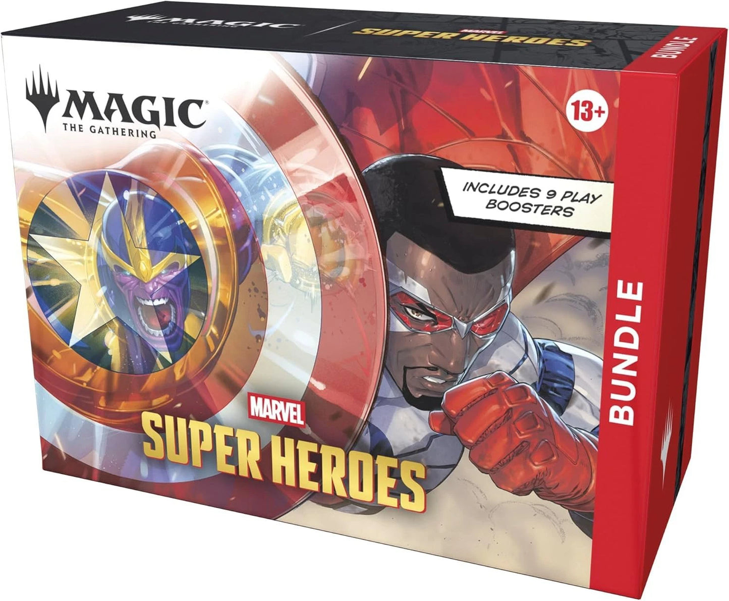 Magic The Gathering Marvel Super Heroes Bundle English with 9 Play Boosters foil promo and Spindown life counter