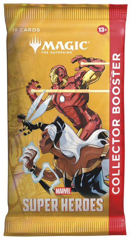 Marvel Super Heroes trading card booster pack with superhero characters on a yellow and red background.
