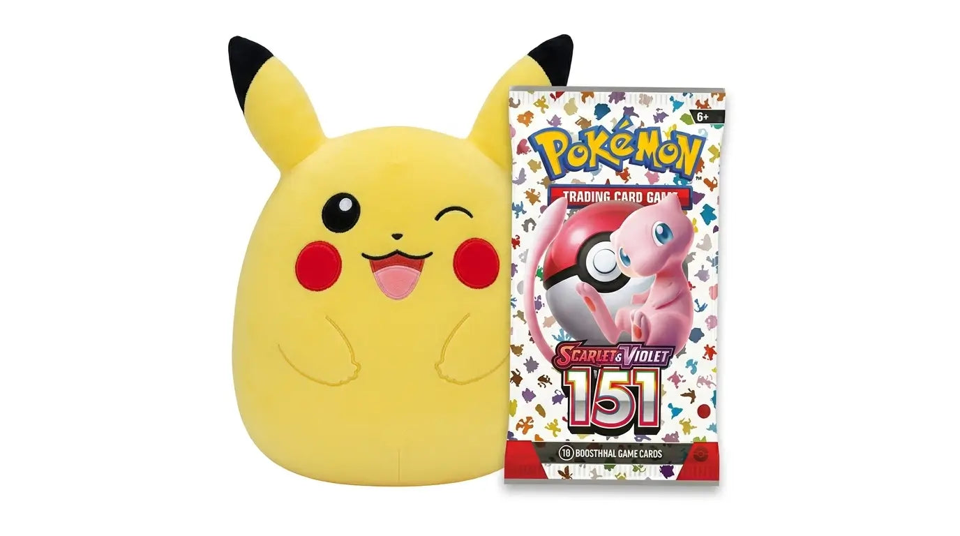 Pokémon 151 booster pack paired with Squishmallows 10-inch winking Pikachu plush in a gift bundle available at FineToys.ca