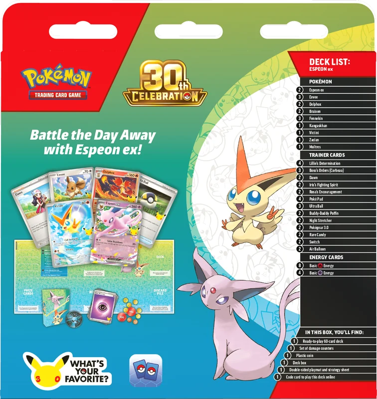 Pokémon TCG 30th Celebration Espeon ex Battle Deck contents with deck box playmat and coin