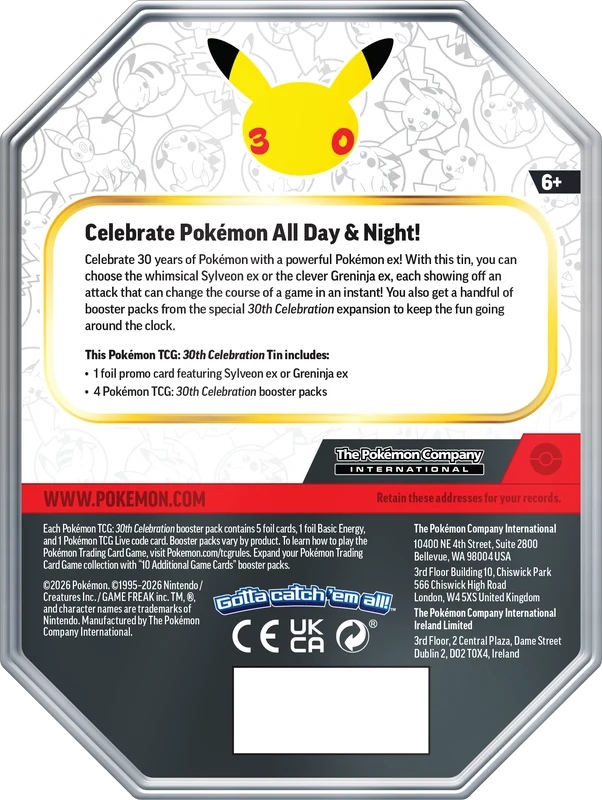 Back view of Pokémon TCG 30th Celebration Greninja ex Tin packaging