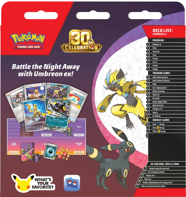 Pokémon TCG 30th Celebration Umbreon ex Battle Deck contents with deck box playmat and coin