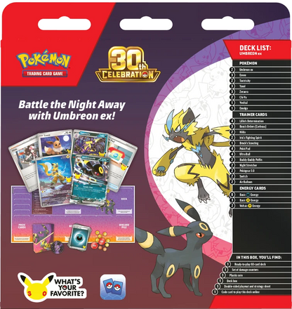 Pokémon TCG 30th Celebration Umbreon ex Battle Deck contents with deck box playmat and coin