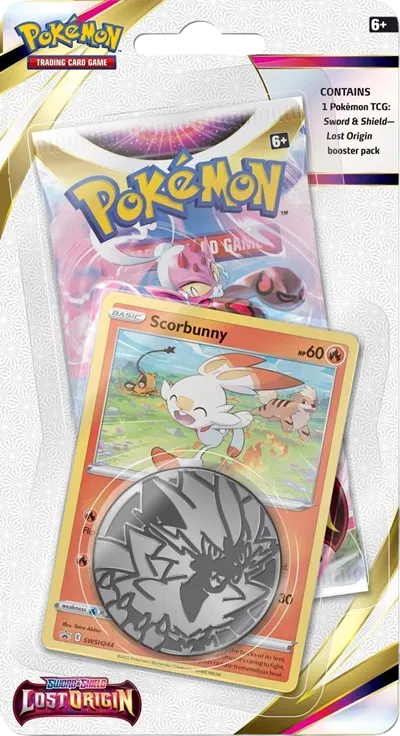 Sealed Pokémon Lost Origin Checklane Blister featuring Scorbunny SWSH244 promo card and one booster pack