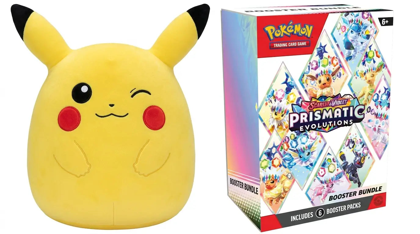 Pokémon Scarlet & Violet Prismatic Evolutions 6-pack booster bundle with Squishmallows 10-inch winking Pikachu plush from FineToys.ca
