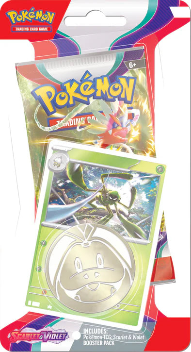 Sealed Pokémon Scarlet & Violet Checklane Blister featuring Spidops SVP010 promo card, metallic coin, and one booster pack.