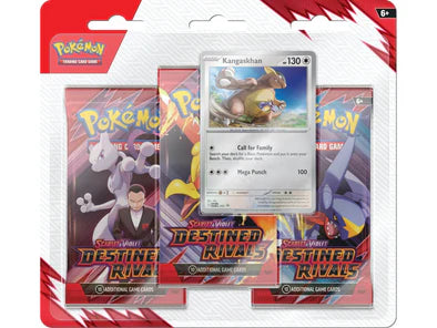 Sealed Pokémon TCG Destined Rivals 3-Pack Blister featuring the Kangaskhan SVP 202 Cosmos Holo promo card.