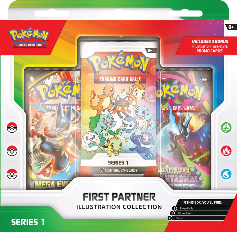 Sealed Pokémon TCG First Partner Illustration Collection Series 1 box featuring Kanto, Sinnoh, and Alola starter promo packs.