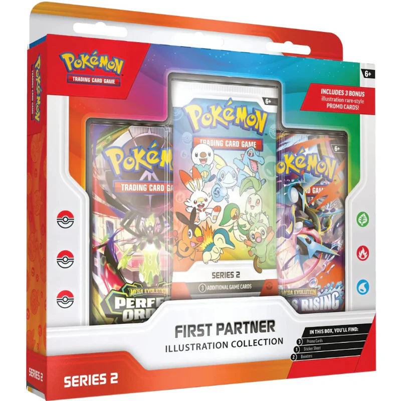 Pokémon TCG First Partner Illustration Collection Series 2 factory sealed featuring 3 illustration rare-style promo cards and 2 booster packs.