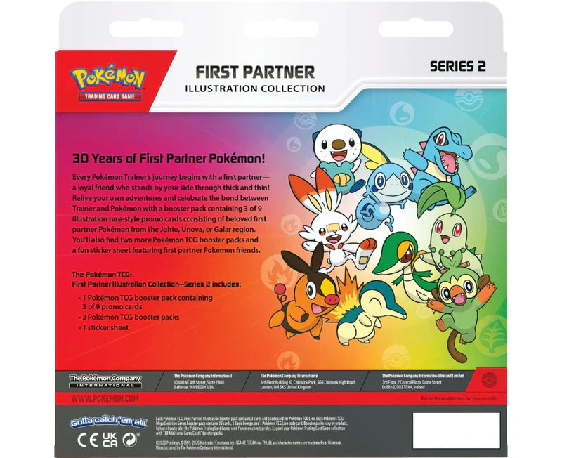 Illustration rare-style promo cards from Pokémon TCG First Partner Collection Series 2 featuring Johto, Unova, and Galar starters.
