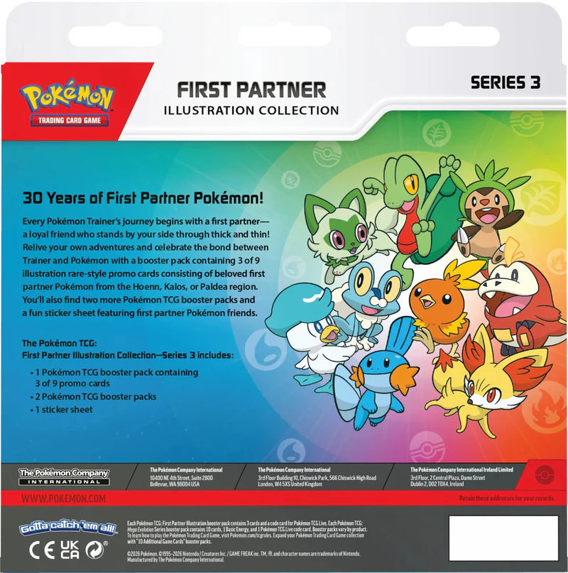Illustration rare-style promo cards from Pokémon TCG First Partner Collection Series 3 featuring Hoenn, Kalos, and Paldea starters.