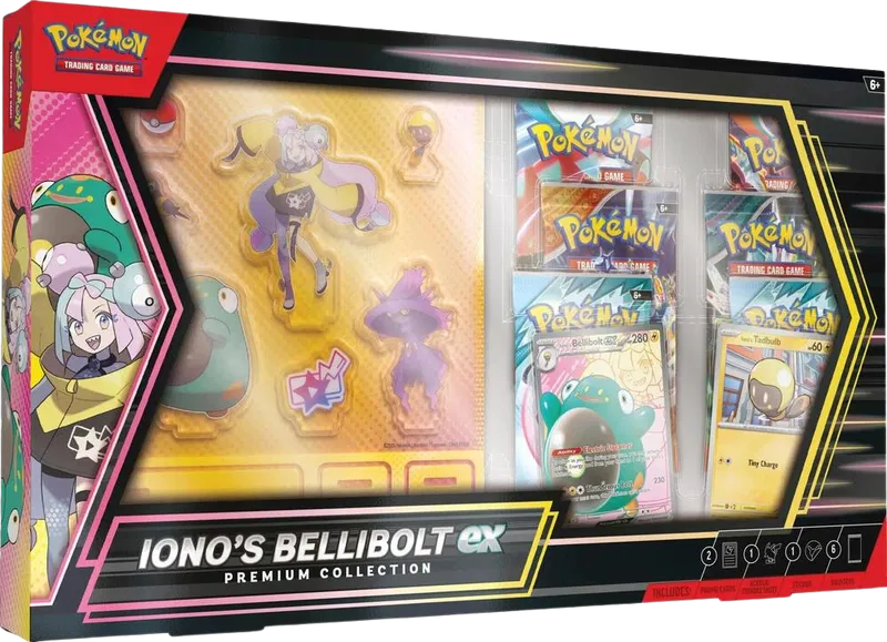 Sealed Pokémon TCG Iono’s Bellibolt ex Premium Collection box featuring Iono and Bellibolt promo cards and standees.