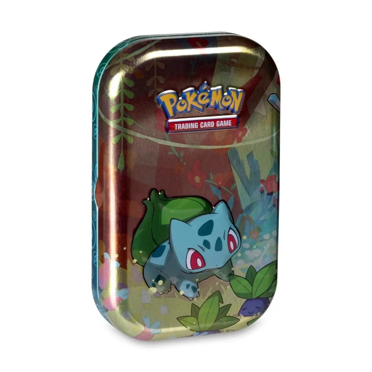 Official Pokémon TCG Kanto Friends Mini Tin featuring bulbasaur artwork, including booster packs and metallic coin.