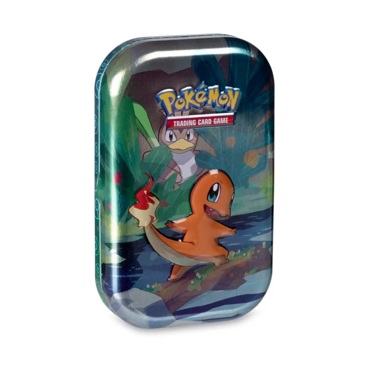 Official Pokémon TCG Kanto Friends Mini Tin featuring charmander artwork, including booster packs and metallic coin.