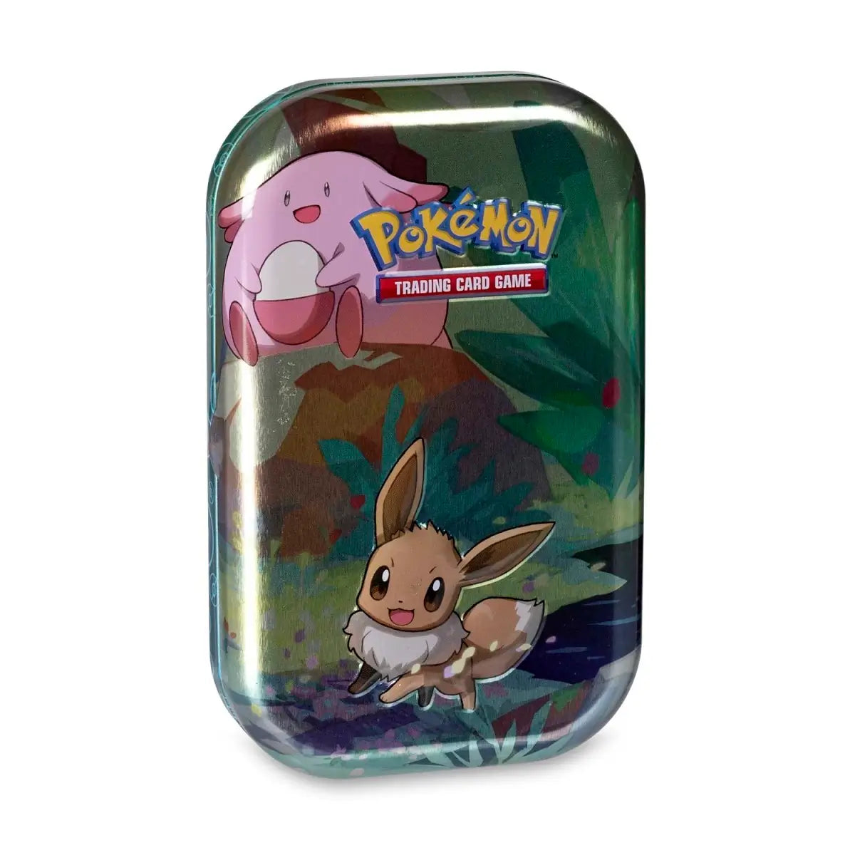 Official Pokémon TCG Kanto Friends Mini Tin featuring eevee artwork, including booster packs and metallic coin.