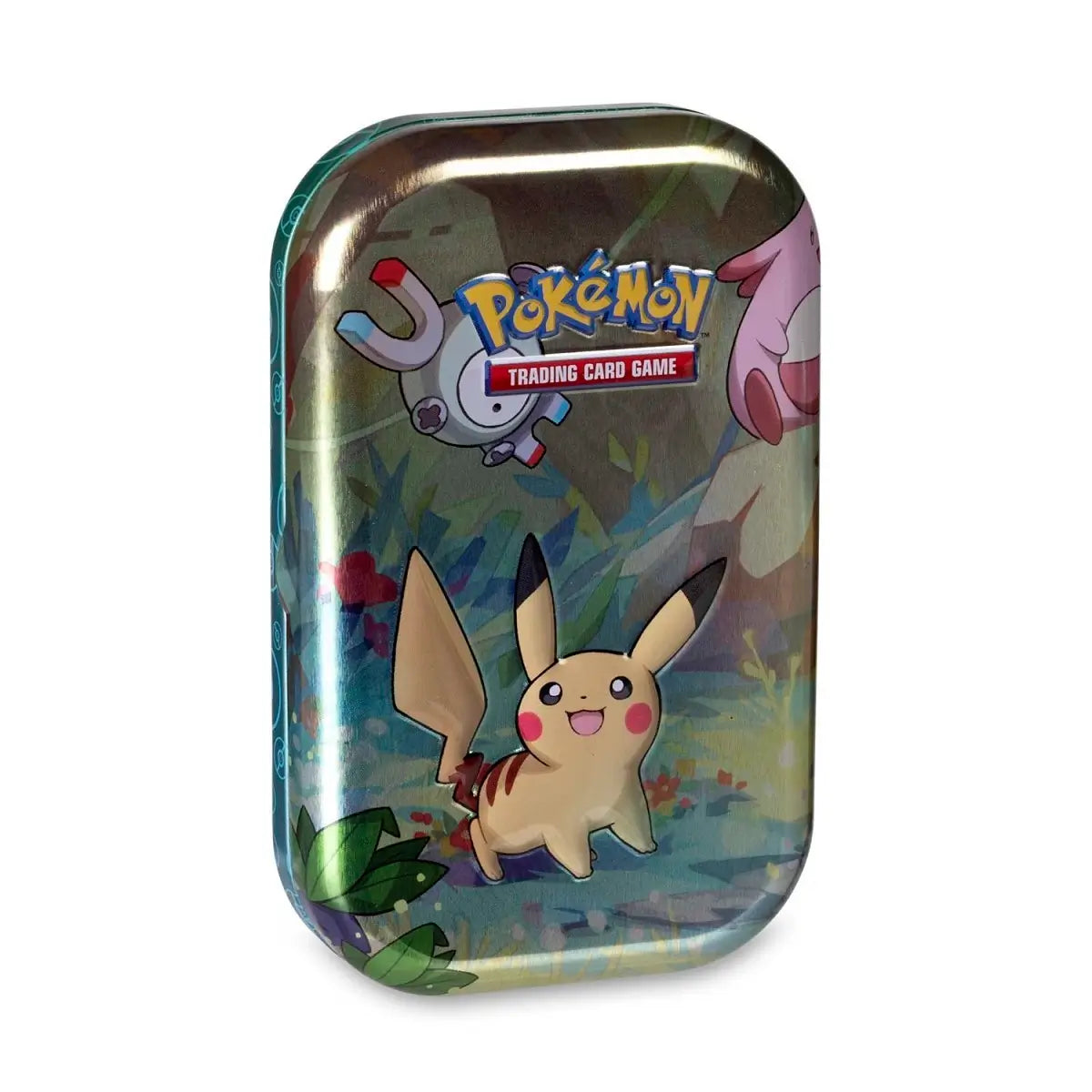 Official Pokémon TCG Kanto Friends Mini Tin featuring Pikachu artwork, including booster packs and metallic coin.