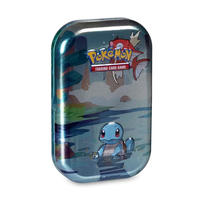 Official Pokémon TCG Kanto Friends Mini Tin featuring squirtle artwork, including booster packs and metallic coin.