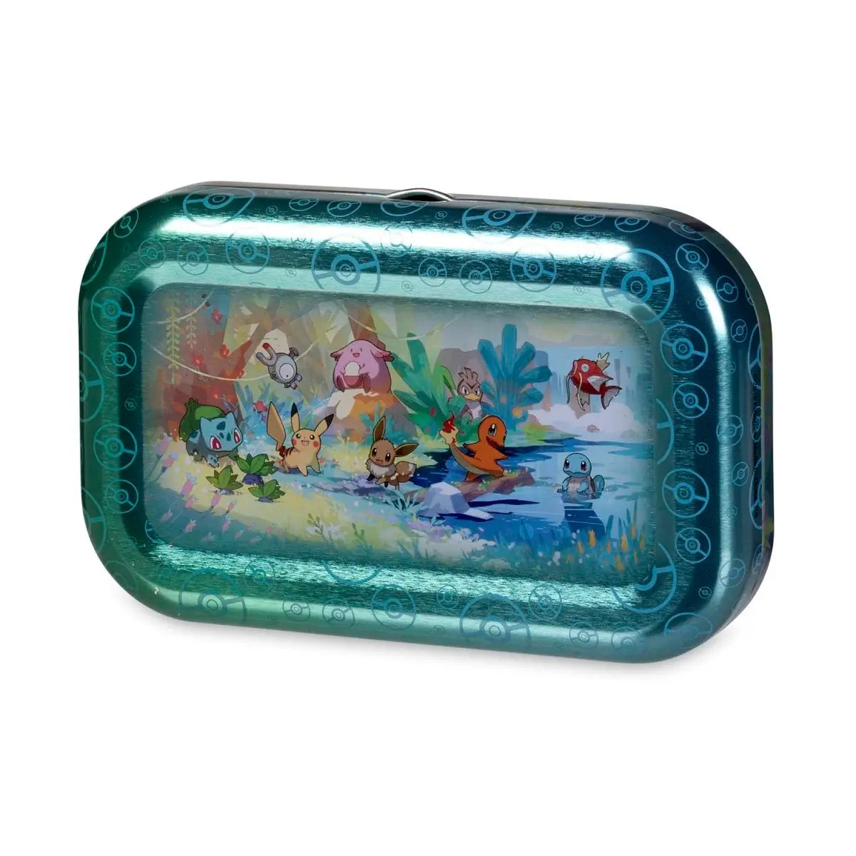 Complete set of five Pokémon TCG Kanto Friends Mini Tins featuring Pikachu, Eevee, Bulbasaur, Charmander, and Squirtle arranged to show the full panoramic art.