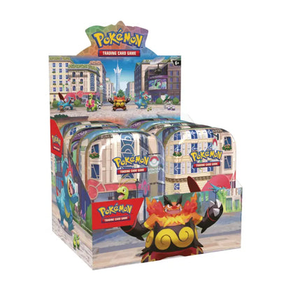 Sealed Pokémon TCG Lumiose City Mini Tin Display Box containing 10 collectible tins, product code 10-10392-138.
