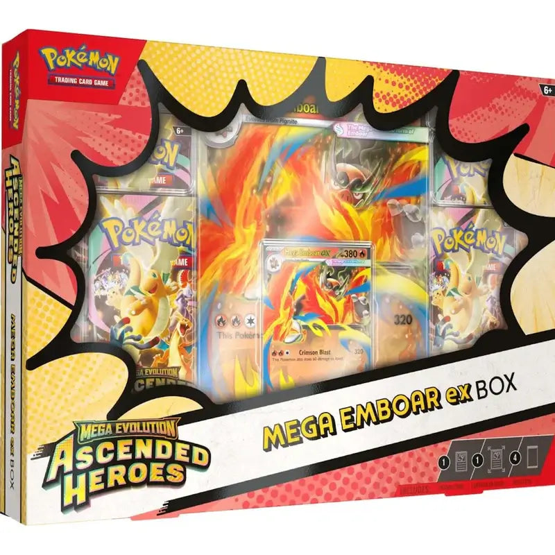 Pokémon trading card game box featuring Mega Emboar ex with colorful designs on a white background