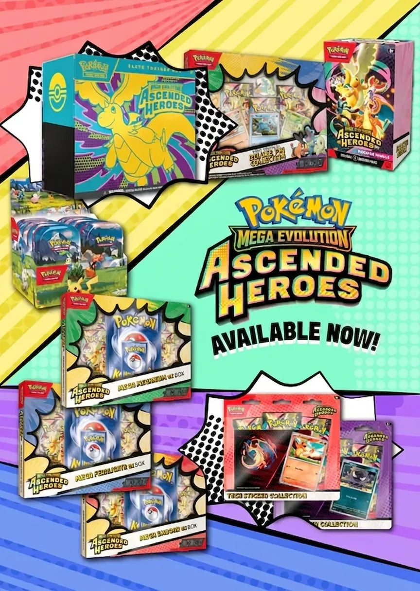 Pokémon Mega Evolution Ascended Heroes packaging with colorful background