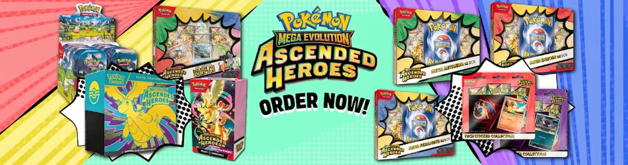 Pokémon trading card game packs with 'Ascended Heroes' theme on a colorful background.
